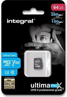 Integral ultima PRO X2 R280/W100 microSDXC 64GB Kit, UHS-II U3, Class 10