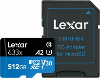 Lexar High-Performance 633x R100/W70 microSDXC 512GB Kit, UHS-I U3, A2, Class 10