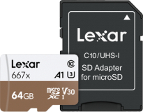 Lexar Professional 667x R100/W90 microSDXC 64GB Kit, UHS-I U3, A1, Class 10