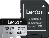 Lexar Professional SILVER PLUS R205/W100 microSDXC 64GB Kit, UHS-I U3, A2, Class 10