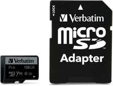 Verbatim Pro U3 R90/W45 microSDXC 128GB Kit, UHS-I U3, Class 10